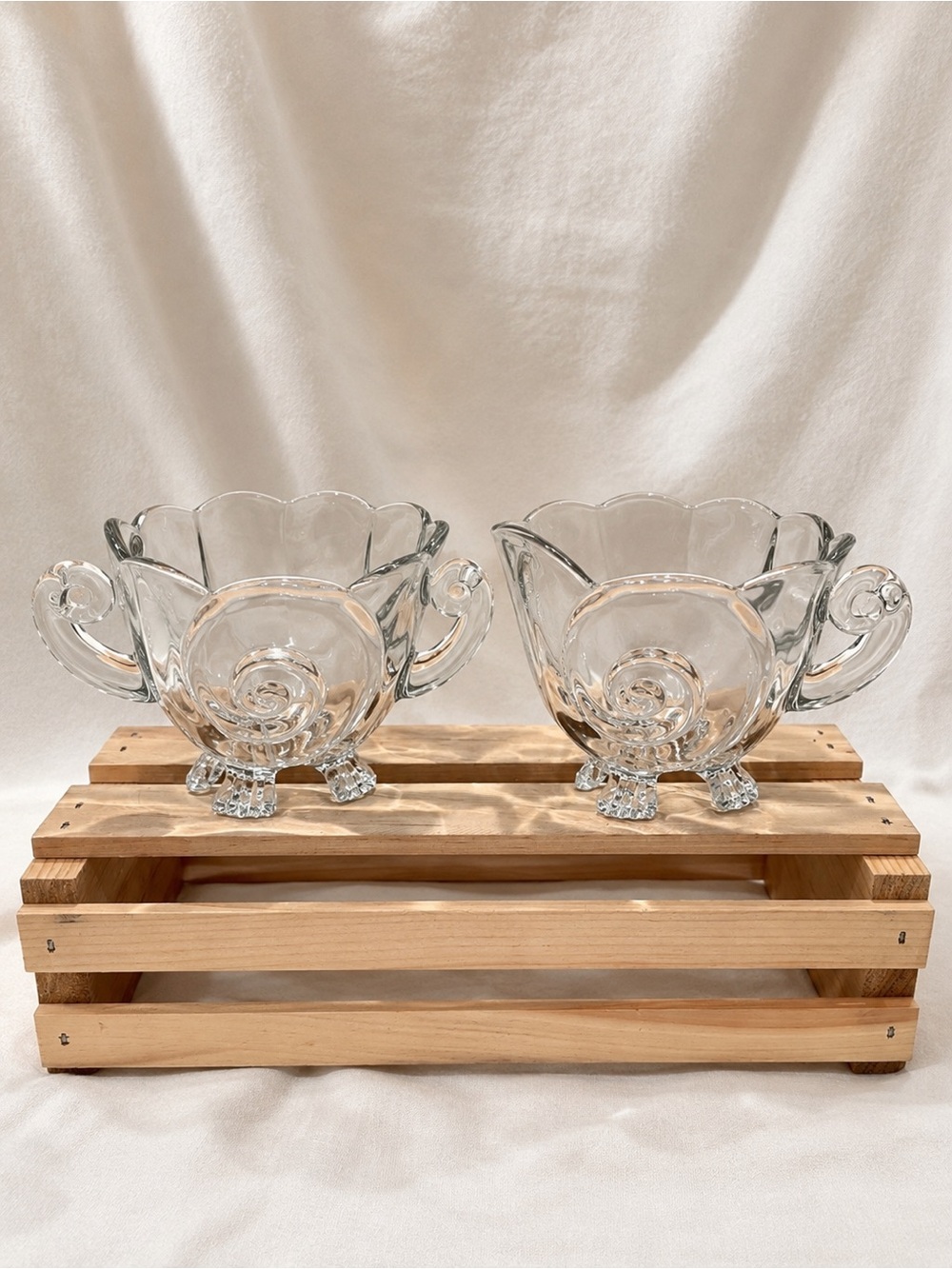 💥3/$50 Cambridge Glass “Nautilus” 3D Shell Embossed Creamer & Open Sugar Set
